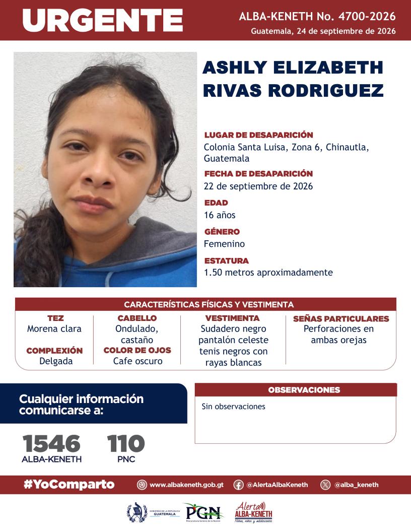 DiariodeCA's tweet photo. A través de la alerta #AlbaKeneth se mantiene la búsqueda de estos menores de edad  reportados como desaparecidos. 🚨

Las autoridades hacen un llamado a la población para que, si cuenta con información que pueda contribuir a su localización, la comparta de inmediato. Cada dato puede ser de gran ayuda para reunir a estas personas con sus familias.

Si conoce su paradero o tiene información relevante, comuníquese al 1546. 📞