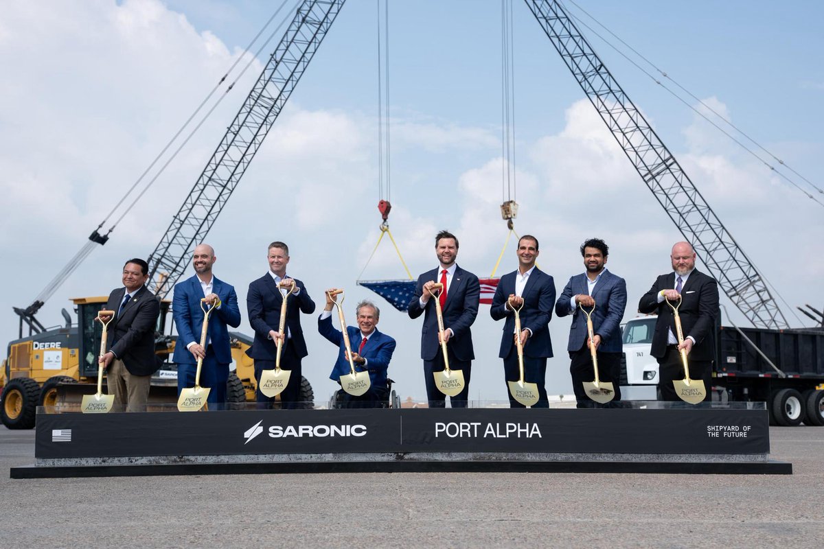 JDVance's tweet photo. Rebuilding the American Dream starts with ensuring that American jobs go to our great American citizens.

I was proud to join @GregAbbott_TX and the Saronic team this morning for the groundbreaking ceremony of Port Alpha, where the next generation of American shipbuilding will be made by American hands.

Thanks to President Donald Trump, American manufacturing is back and stronger than ever before!
