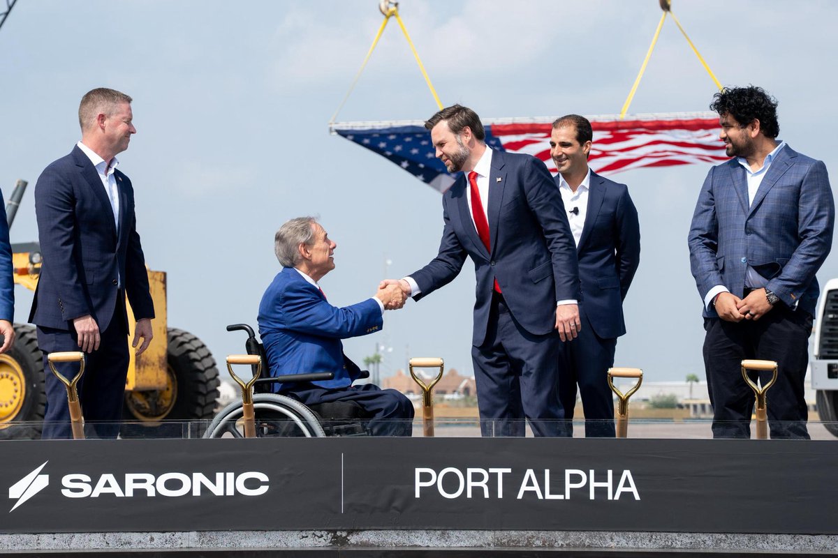 JDVance's tweet photo. Rebuilding the American Dream starts with ensuring that American jobs go to our great American citizens.

I was proud to join @GregAbbott_TX and the Saronic team this morning for the groundbreaking ceremony of Port Alpha, where the next generation of American shipbuilding will be made by American hands.

Thanks to President Donald Trump, American manufacturing is back and stronger than ever before!