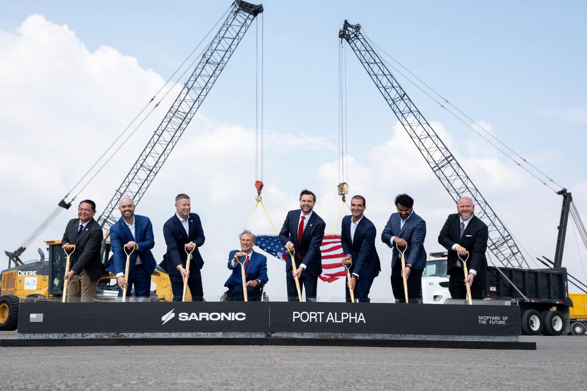 JDVance's tweet photo. Rebuilding the American Dream starts with ensuring that American jobs go to our great American citizens.

I was proud to join @GregAbbott_TX and the Saronic team this morning for the groundbreaking ceremony of Port Alpha, where the next generation of American shipbuilding will be made by American hands.

Thanks to President Donald Trump, American manufacturing is back and stronger than ever before!