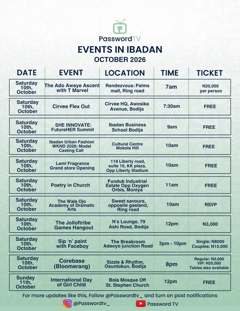 passwordtv__'s tweet photo. Events in Ibadan
October 2026

Kindly Repost 🔁

2/5

#EventsInIbadan #WhatToDoInIbadan #OctoberInIbadan #IbadanEvents #PasswordTV https://t.co/0M4oSDNqPv