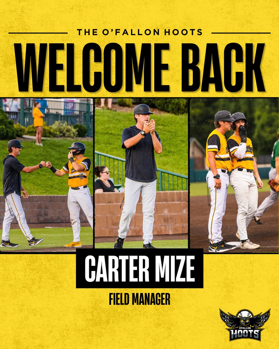 ofallonbaseball's tweet photo. 🦉HE'S BACK!🦉

We're excited to welcome back our Field Manager, Carter Mize, for his second season with the Hoots. After a great first season, we can't wait to see what year two has in store. Welcome back, Coach! ⚾🦉 https://t.co/xtKQb9RUYE