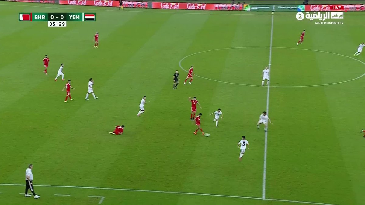 Live soccer match broadcast on Abu Dhabi Sports TV showing Bahrain vs Yemen with a score of 0-0 at 05:29, with players in red and white kits on the field.