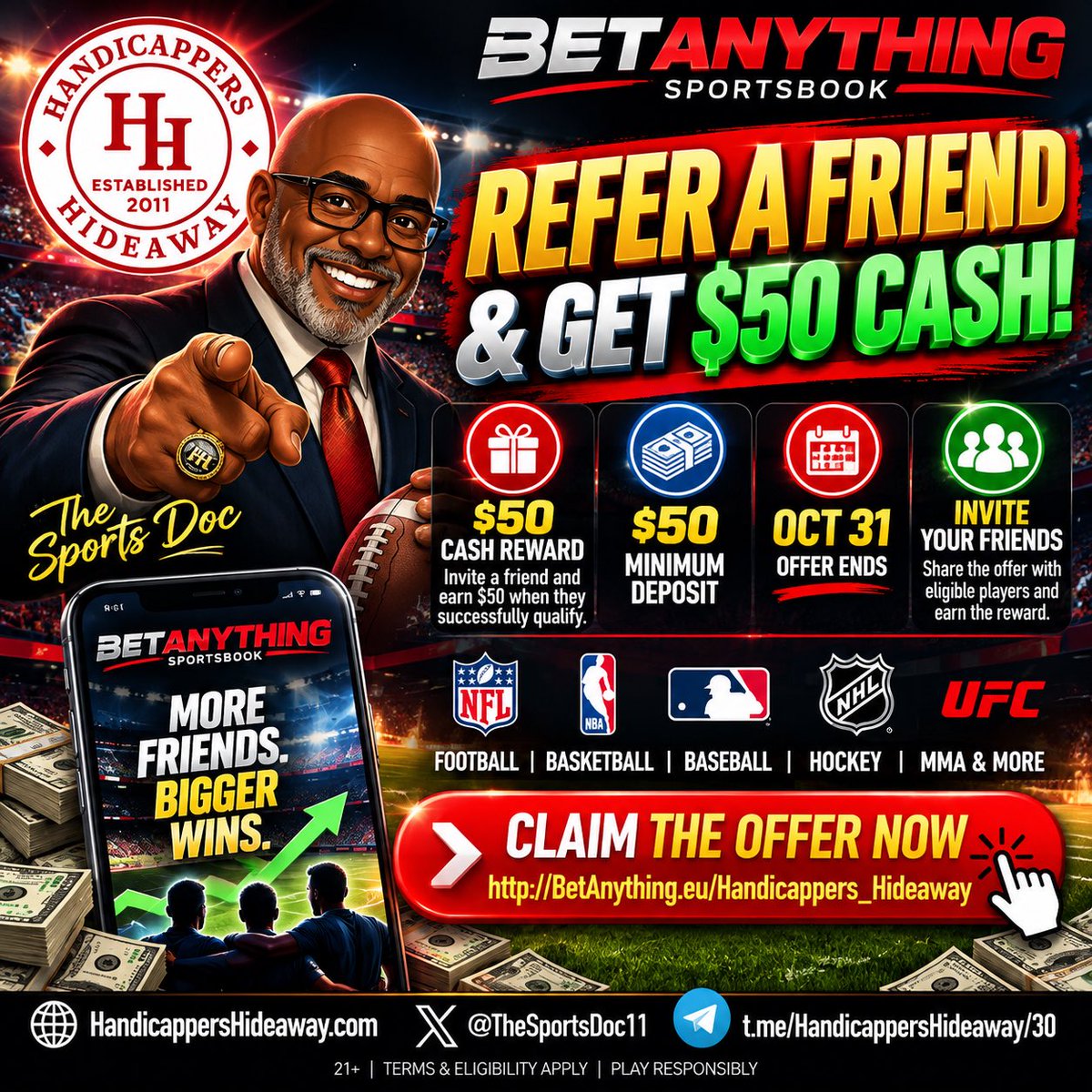 cappershideaway's tweet photo. 📢 REFER A FRIEND & GET $50 CASH! 💰

Got a friend who loves the action? Send them to BetAnything and earn a $50 CASH REWARD when they successfully qualify! 🔥

🎁 Reward: $50 Cash
💵 Minimum Deposit: $50
⏰ Ends: October 31
👥 Refer eligible friends & earn when the requirements are met.

👉 CLAIM THE OFFER AT BETANYTHING⁠

🏈 Football • 🏀 Basketball • ⚾ Baseball • 🏒 Hockey & More

Don’t wait until the clock hits zero. Refer. Qualify. Get rewarded.

21+ | Terms & eligibility apply | Play responsibly.

#BetAnything #ReferAFriend #SportsBetting #Sportsbook #BettingBonus #NFL #CollegeFootball #TheSportsDoc #HandicappersHideaway