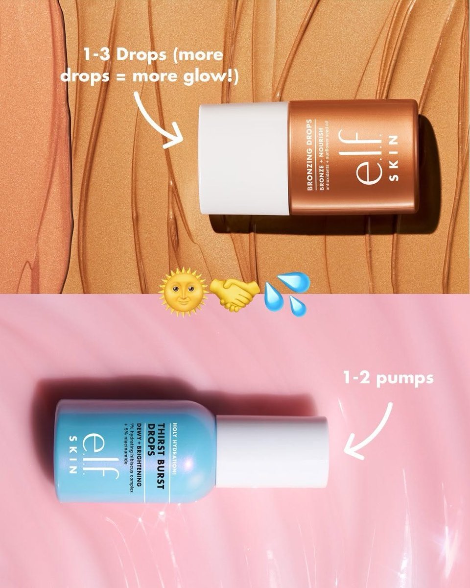 SILVERIOPB's tweet photo. Forecast: radiant with e.l.f. ☀️ Meet the glow duo: Bronzing Drops plus Thirst Burst Drops.

☀️ Step 1: Bronzing Drops: Apply 1–3 drops for a natural, warm look. Layer to build your glow.
💧 Step 2: Thirst Burst Drops: Nourish with light, dewy hydrati... https://t.co/r7lEi370zI