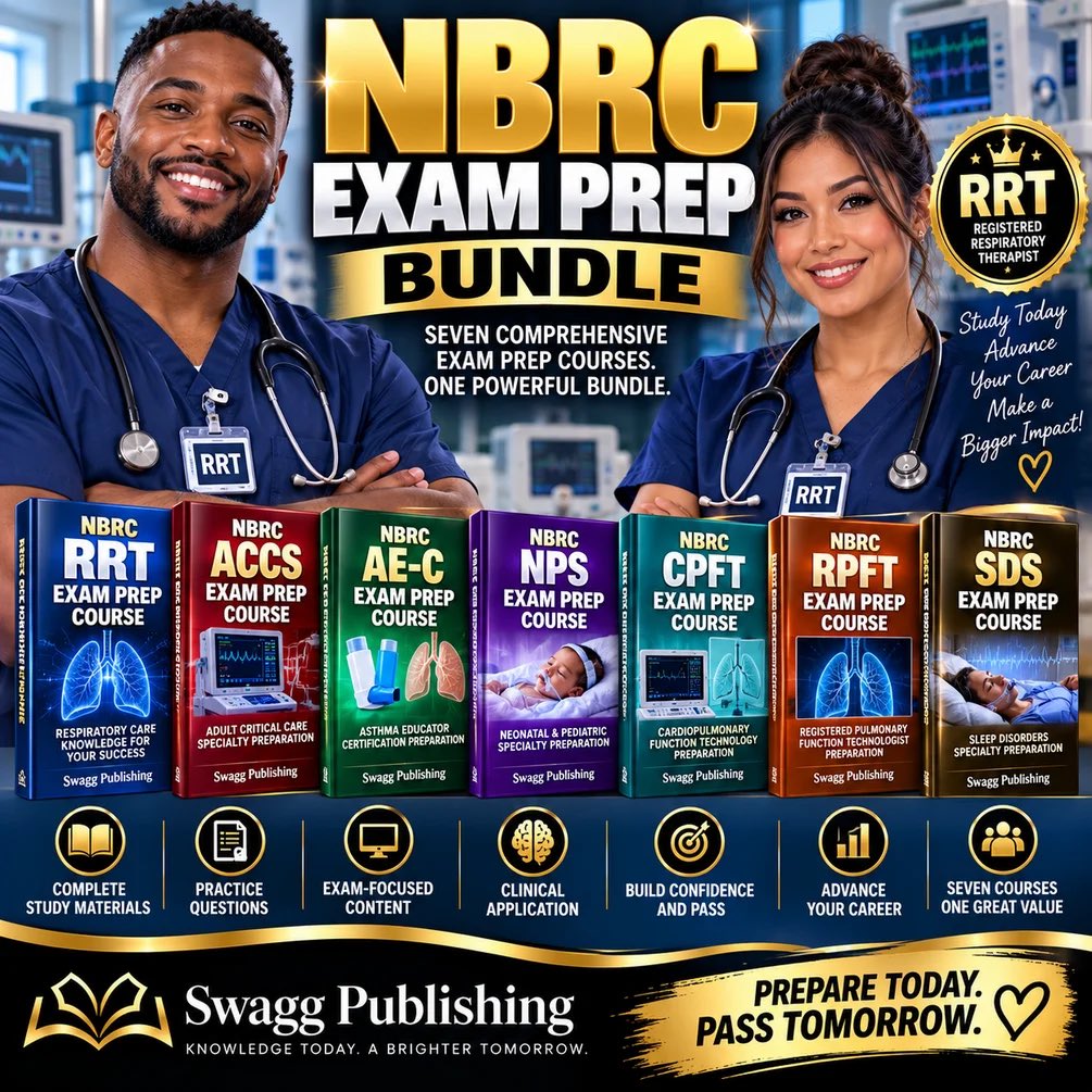 SwaggPublishing's tweet photo. NBRC Exam Prep Bundle: The Ultimate Courses to Help You Pass Your NBRC Exams — The First Time!

https://t.co/x0KqJ2GRaT

#NBRCExamPrep
#RespiratoryTherapy
#RespiratoryTherapist
#NBRC
#RRTExam https://t.co/dIjrpTRzZZ