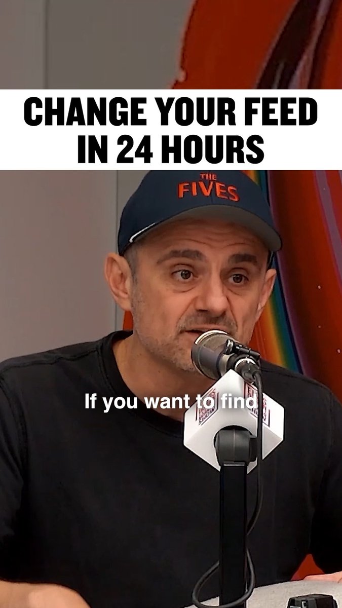 A man wearing a "THE FIVES" cap speaks into a microphone with the text "CHANGE YOUR FEED IN 24 HOURS" overlaid, and partial caption reading "If you want to find".