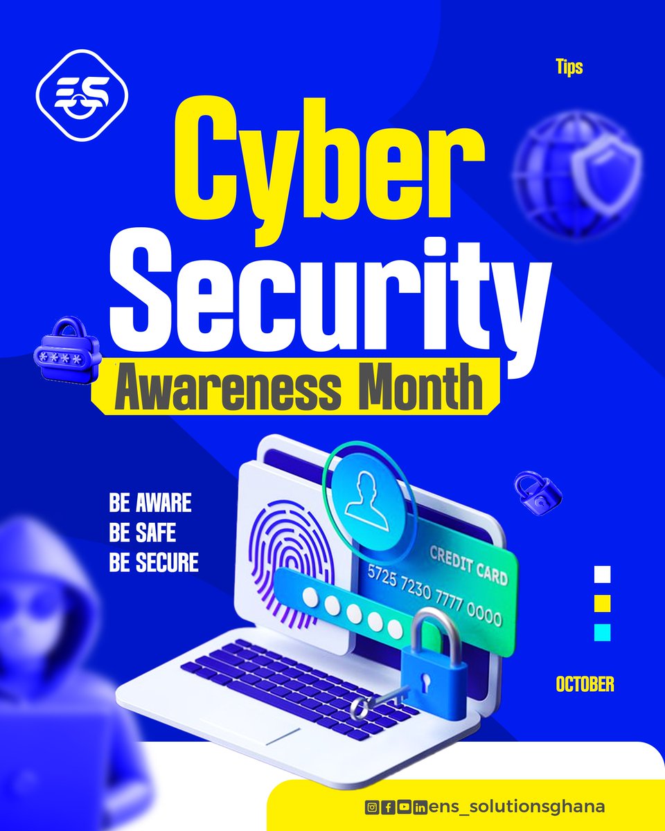 ens_solutionsgh's tweet photo. Gear up for the NCSAM 2026! 🖥 📱🛡 

The National Cyber Security Awareness Month (NSCAM), a month-long campaign organized by the @CSAGhana , comes off in October, to promote digital safety and combat cyber threats.

Keep tabs as we share tips on keeping you #CyberSmart https://t.co/R4pPANJko8
