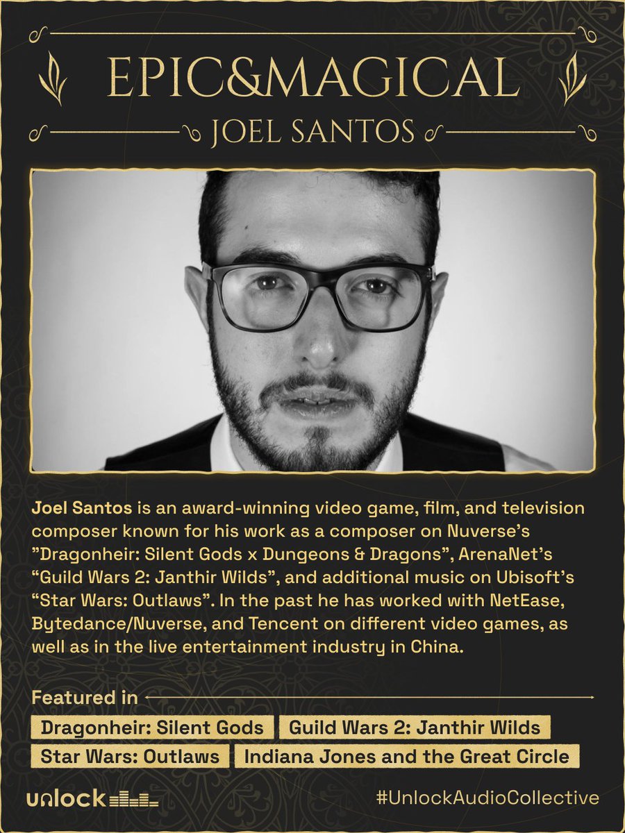 UnlockAudio's tweet photo. Every legend begins as an ordinary story.

Music is what convinces us it could become something more.

Joel Santos composes scores that inspire courage, hope, and wonder.

#GameAudio https://t.co/BMkHdarI0I