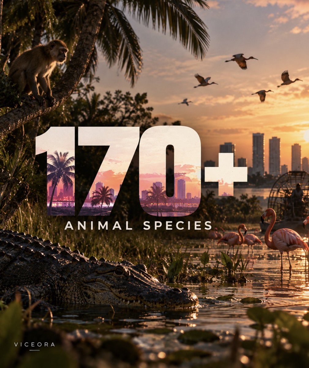 VICEORAweb's tweet photo. 🐊 GTA VI WILL HAVE 170+ ANIMAL SPECIES.

Alligators, flamingos, monkeys, manatees — and even rare &amp; legendary animals to track across Leonida.

Rockstar is going full Red Dead with GTA VI.

#GTAVI #GTA6 #RockstarGame https://t.co/j8lA2NrkRB