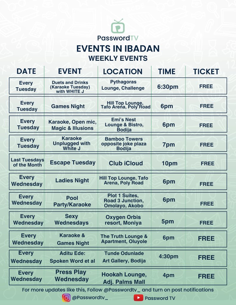 passwordtv__'s tweet photo. Events in Ibadan
October 2026

Kindly Repost 🔁

3/5

#EventsInIbadan #WhatToDoInIbadan #OctoberInIbadan #IbadanEvents #PasswordTV https://t.co/1woFSpDme7