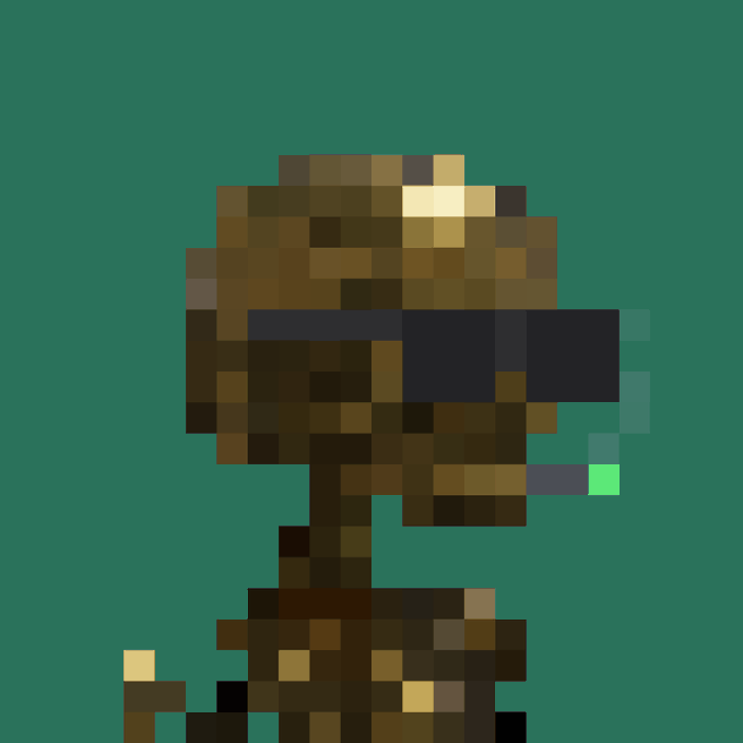 A pixel art character wearing a brown helmet and dark visor, set against a solid teal background.