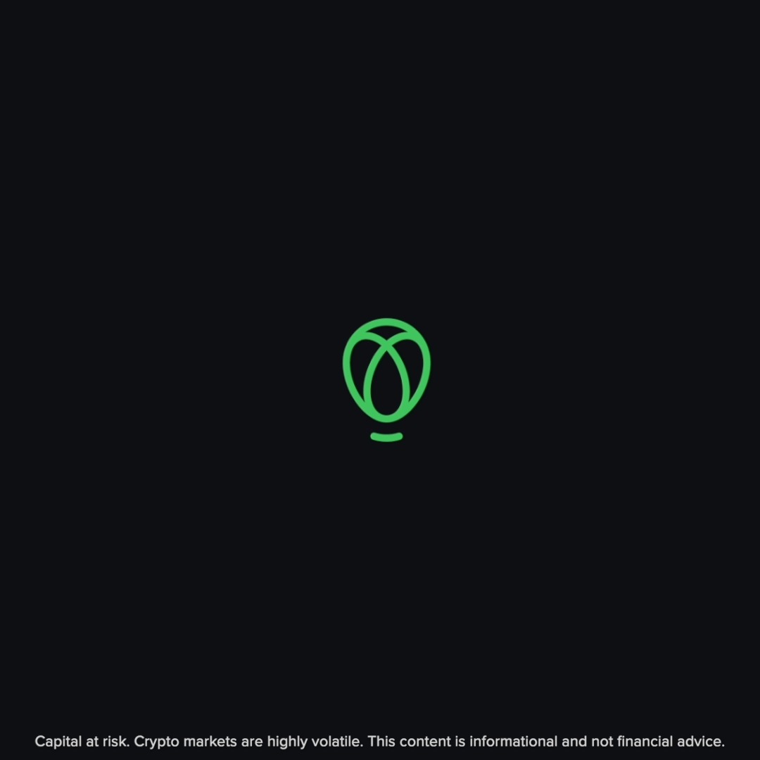 A dark screen displays a green circular logo in the center with a disclaimer at the bottom reading "Capital at risk. Crypto markets are highly volatile. This content is informational and not financial advice."
