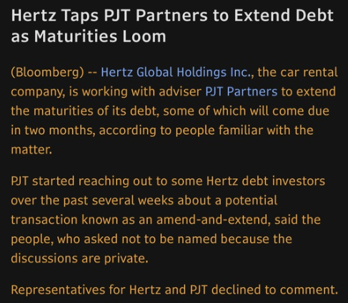 junkbondanalyst's tweet photo. Hertz can't escape the virtuous cycle. Filed for Chapter 11 in 2020, emerged with distressed investors owning the business into the greatest operating environment its ever had, only to once again fall victim to its own missteps while spending billions on buying back its own stock. 

Today the business has more debt than it did pre-bankruptcy and has now hired PJT to evaluate avenues to address its capital structure. Its near term maturities, several billion of Term Loans due 2028, trade in the 50s.

Chapter 22?