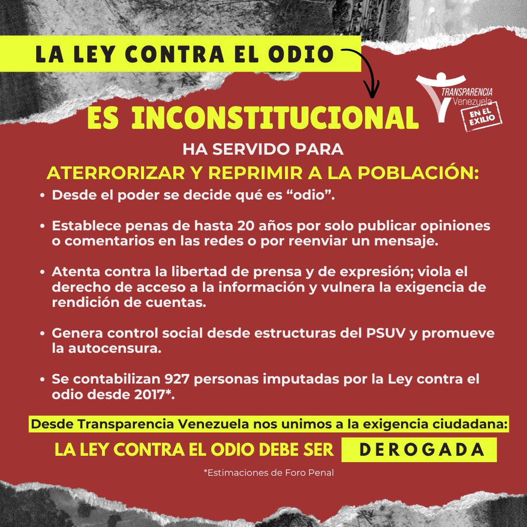 NoMasGuiso's tweet photo. La Ley contra el Odio ha sido un instrumento perverso. 

Desde Transparencia Venezuela nos unimos a la exigencia ciudadana: La Ley contra el Odio no debe ser reformada, debe ser ¡derogada!