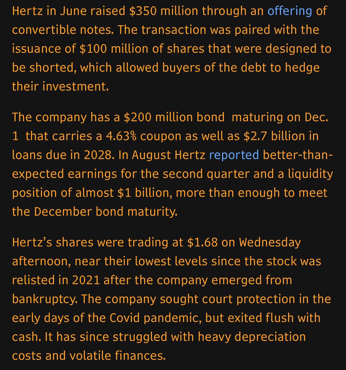 junkbondanalyst's tweet photo. Hertz can't escape the virtuous cycle. Filed for Chapter 11 in 2020, emerged with distressed investors owning the business into the greatest operating environment its ever had, only to once again fall victim to its own missteps while spending billions on buying back its own stock. 

Today the business has more debt than it did pre-bankruptcy and has now hired PJT to evaluate avenues to address its capital structure. Its near term maturities, several billion of Term Loans due 2028, trade in the 50s.

Chapter 22?