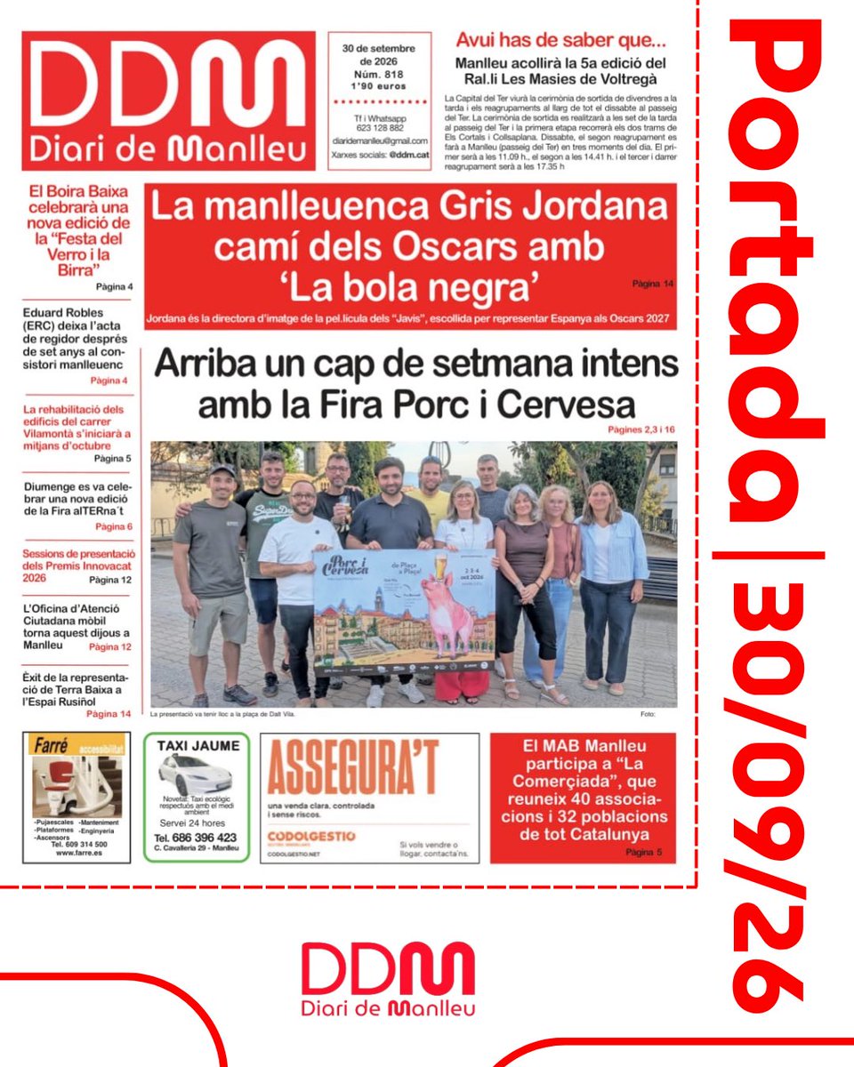 ddm__cat's tweet photo. “La manlleuenca Gris Jordana camí dels Oscars amb “La bola negra”. 

🔴Aquest és el titular que encapçala el @ddm.cat d’aquest dimecres.

🗓️30/09/2026

#manlleu #noticies #osona https://t.co/cVn8Bose3S