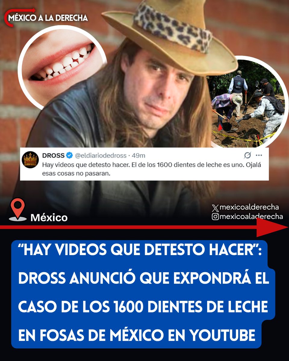 MexicoalDerecha's tweet photo. 🚨🇲🇽🇻🇪/ "HAY VIDEOS QUE DETESTO HACER, OJALÁ ESAS COSAS NO PASARAN"

El youtuber venezolano @eldiariodedross anunció que creará un video dedicado al caso de los 1,600 dientes de leche encontrados en fosas comunes de México y lamentó quela violencia de los cárteles termine con la vida de los más inocentes.