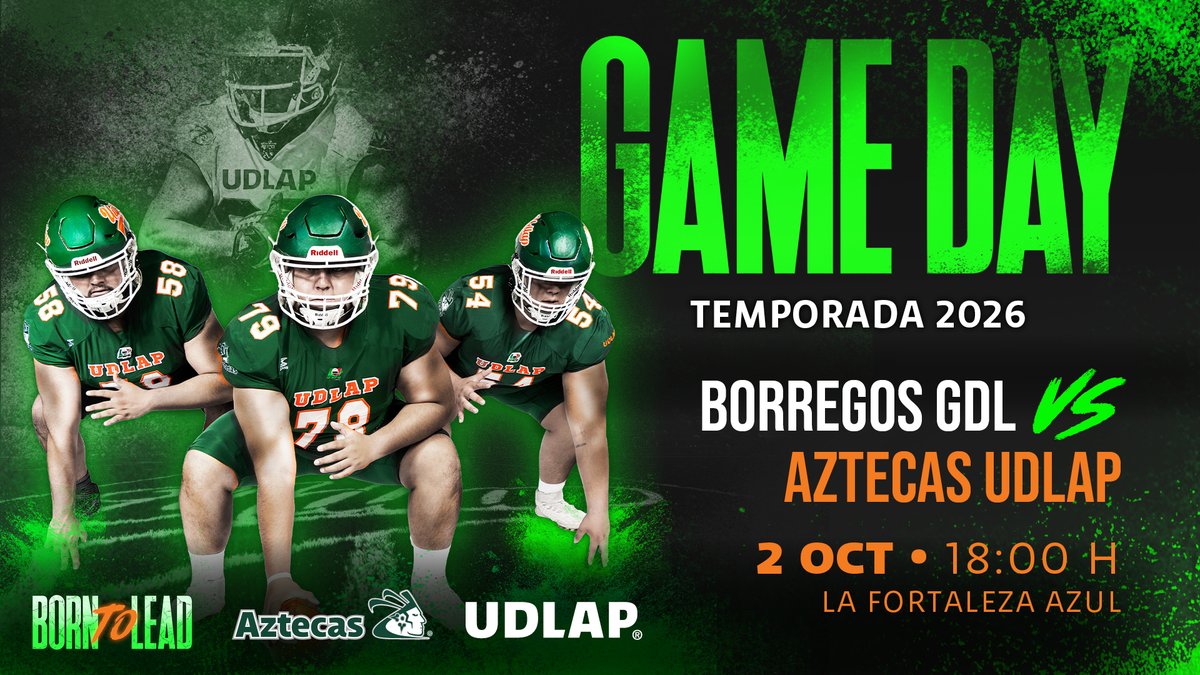 aztecasudlap's tweet photo. Los Aztecas UDLAP visitan la Fortaleza Azul para medirse ante Borregos Guadalajara en un duelo que promete intensidad de principio a fin.
🗓️ 2 de octubre
⏰ 18:00 h
¡Vamos Aztecas! 💚🏈
#AztecasUDLAP #TodosSomosAztecas #BornToLead https://t.co/1dQZMH0tPF