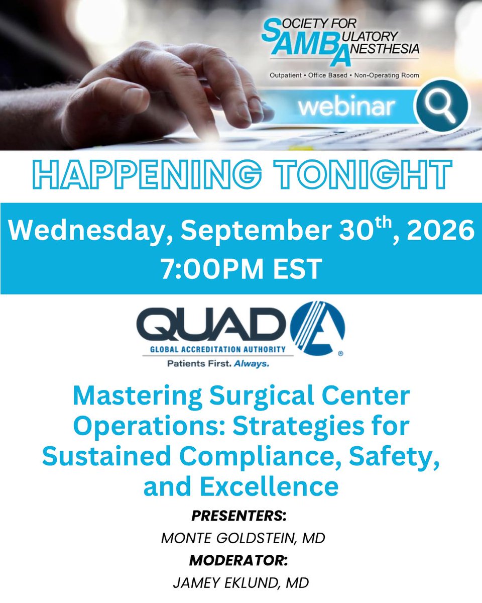 sambahq's tweet photo. If you haven't done so already, register for the SAMBA and QUAD A Webinar happening this evening. 

Dr. Goldstein and Dr. Eklund will be discussing what you may need to manage your surgical center.

Register here: https://t.co/M91A45cSnx https://t.co/6WjxUW7MxO