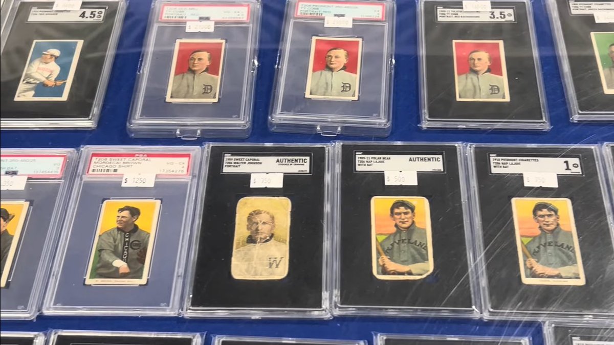 312cards's tweet photo. Snapshot of some vintage cardboard at the Philly card show from Orlando at A Collector's Dream.

Ty Cobb red portraits, Nap Lajoie, Walter Johnson, Mordecai Brown, and Tris Speaker T206 tobacco cards. https://t.co/TcqP6fRdY6