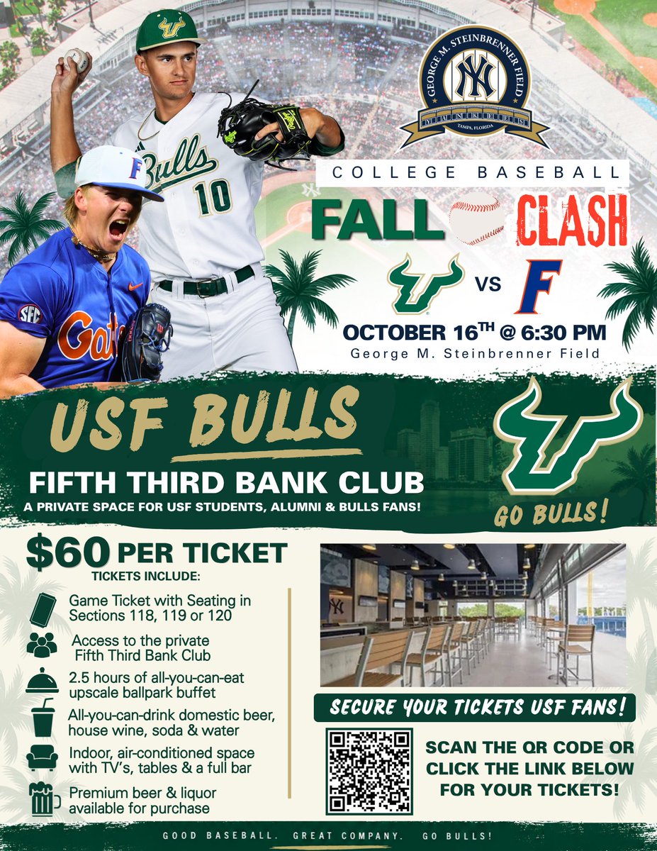 GMSField's tweet photo. Green and gold, it’s game time!🤘Bring your crew and cheer on the Bulls as they face off against the Florida Gators October 16 at 6:30 PM!

🎟️Tickets start at $20
Don't miss you the action!
🔗: https://t.co/T8x0I1hZCb

Upgrade your ticket here: https://t.co/6Yra1k1EM4 https://t.co/1lIiMlCQ3p