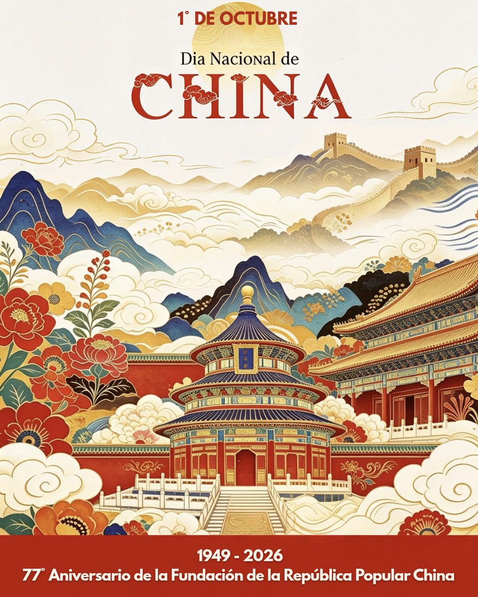 ChinaEmbajada's tweet photo. 🇨🇳 ¡Feliz Día Nacional de #China!
Celebramos 77 años de la fundación de la República Popular China y, junto a Chile, 56 años de amistad y 20 años desde la entrada en vigor del Tratado de Libre Comercio. 🇨🇳🤝🇨🇱
¡Gracias a nuestros amigos chilenos por ser parte de este camino! https://t.co/zTGhKkRKMb