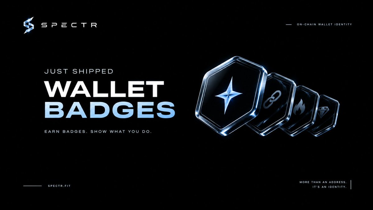 SPECTR002's tweet photo. just shipped Wallet Badges on SPECTR. your wallet can now earn badges based on what it actually does on-chain DeFi Native, Chain Hopper, Meme Hunter, Diamond Hands, NFT Collector and more. every wallet has its own behavior, now it can wear it. 

and we’re still building.  https://t.co/3y11n2WzC9