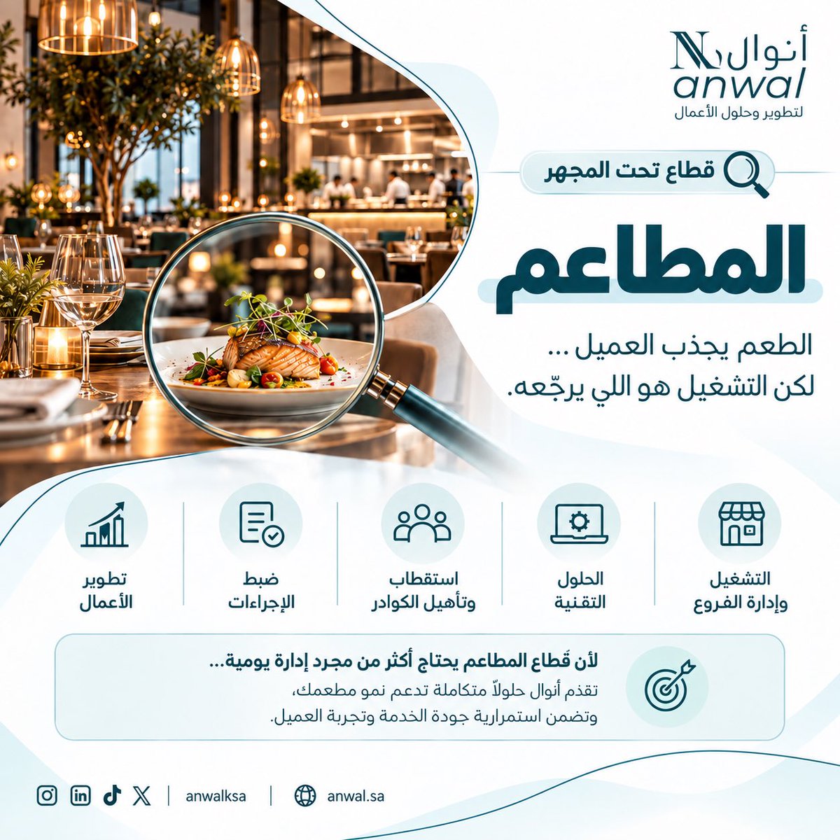 anwalksa's tweet photo. العميل يشوف الطبق والخدمة…
لكن نجاح المطعم يبدأ من التفاصيل اللي ما يشوفها. 🔍

تشغيل، كوادر، إجراءات، تقنية، وتطوير مستمر.

في #أنوال نرتّب ما خلف الكواليس؛ لتقدر منشأتك تركز على النمو.

#قطاع_تحت_المجهر #قطاع_المطاعم #تطوير_الأعمال #التشغيل https://t.co/HxGkwnjm6f