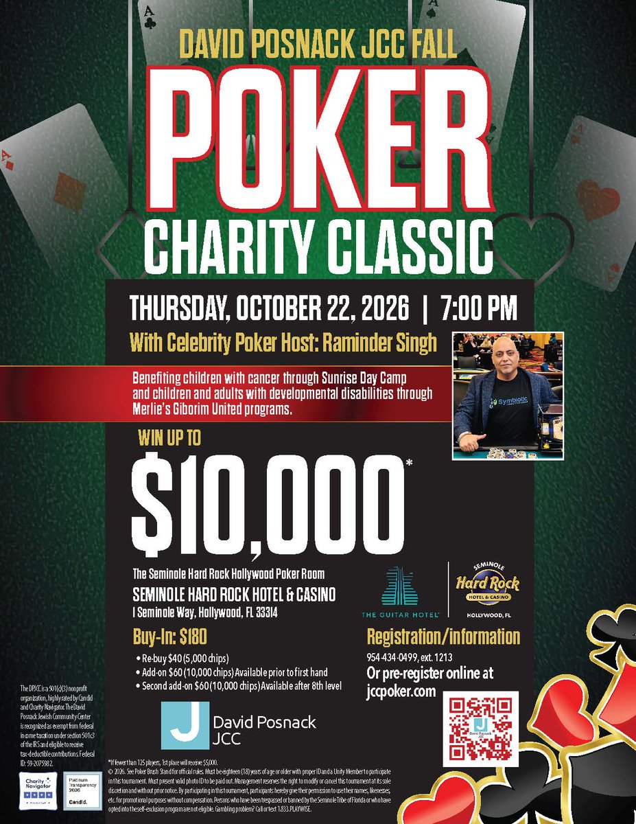 DPJCC's tweet photo. Your next night out is in the cards. 🃏 Join Raminder Singh for DPJCC’s Fall Poker Charity Classic at Seminole Hard Rock.

Oct. 22 | 7 PM | $180 buy-in
Support Sunrise Day Camp South Florida &amp; Merlie’s Giborim United.
https://t.co/UNeIVsz3Jr
#PokerTournament https://t.co/HGGfcPRUyX