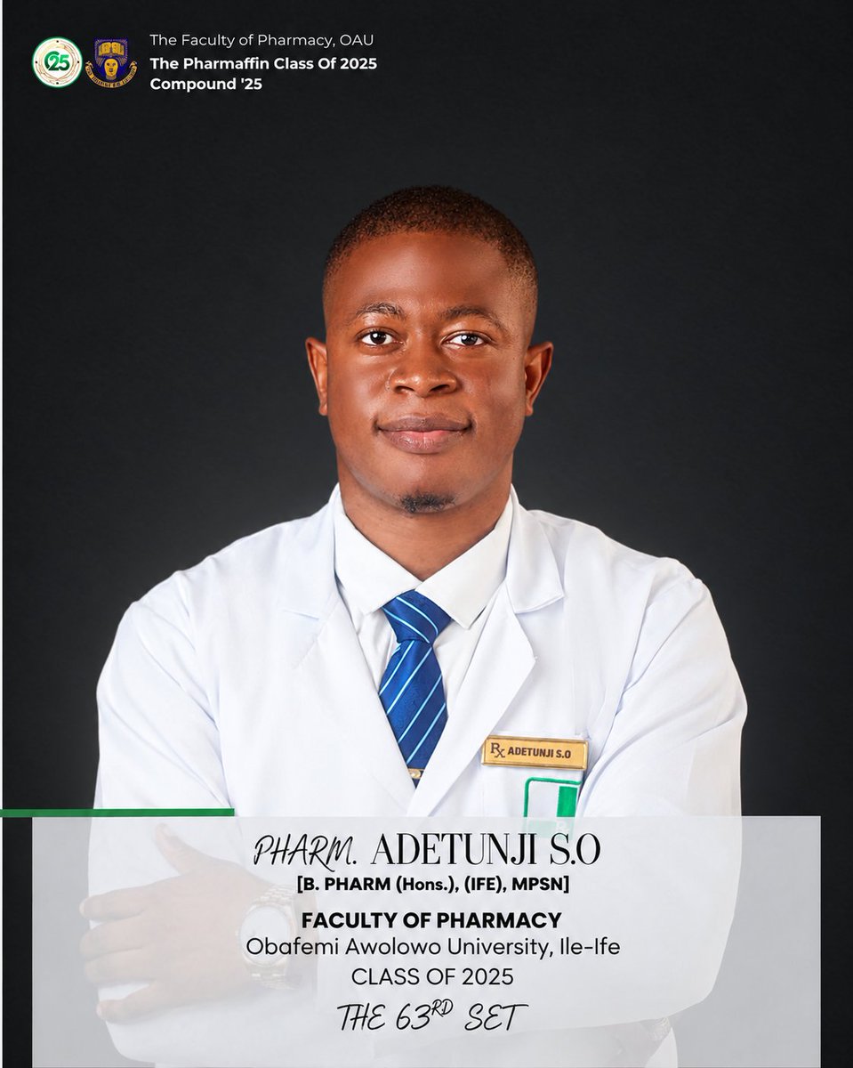 NobleAdsam's tweet photo. Reintroducing:

PHARM. ADETUNJI SAMAD OPEYEMI
[B.PHARM(Hons.), (IFE), MPSN]

From losing my dad on my first day in Pharmacy school to passing Pharmacy school with DISTINCTION. 

Alhamdulillah! 😚 https://t.co/tU8vKOJ2rQ