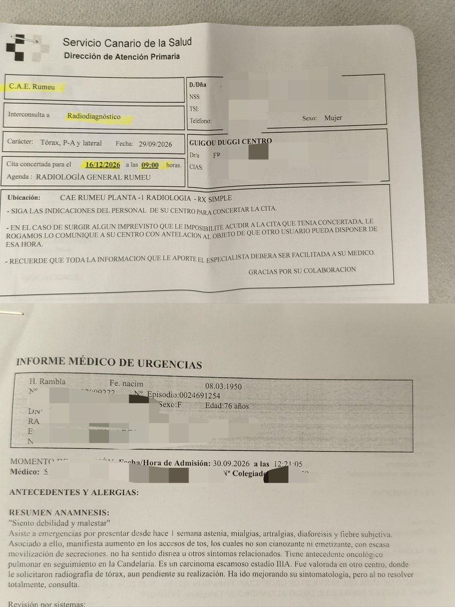 braulio_deleon's tweet photo. Mi madre ,con cáncer de pulmón desde hace 3 años ,lleva esperando meses por un TAC Craneal para el seguimiento de su enfermedad. Aparte, por una gripe fue al centro de salud y le mandaron una radiografía para el 16 diciembre.Lamentable,penoso @PresiCan Servicio Canario de Salud https://t.co/uuF4KM1v4d