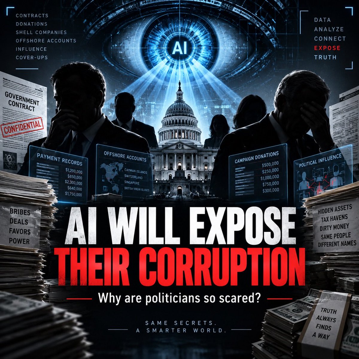 GuntherEagleman's tweet photo. TICK TOCK! 

Politicians spent decades betting that nobody would ever connect all the dots.

That era may be ending.

Superintelligence can analyze mountains of public records, contracts, spending, donations and financial data at a speed no human ever could. Tools like this are already being explored for public auditing and detecting anomalies. 

The more powerful this technology becomes, the harder it may be for questionable patterns to stay buried.

Sunlight just got an upgrade.