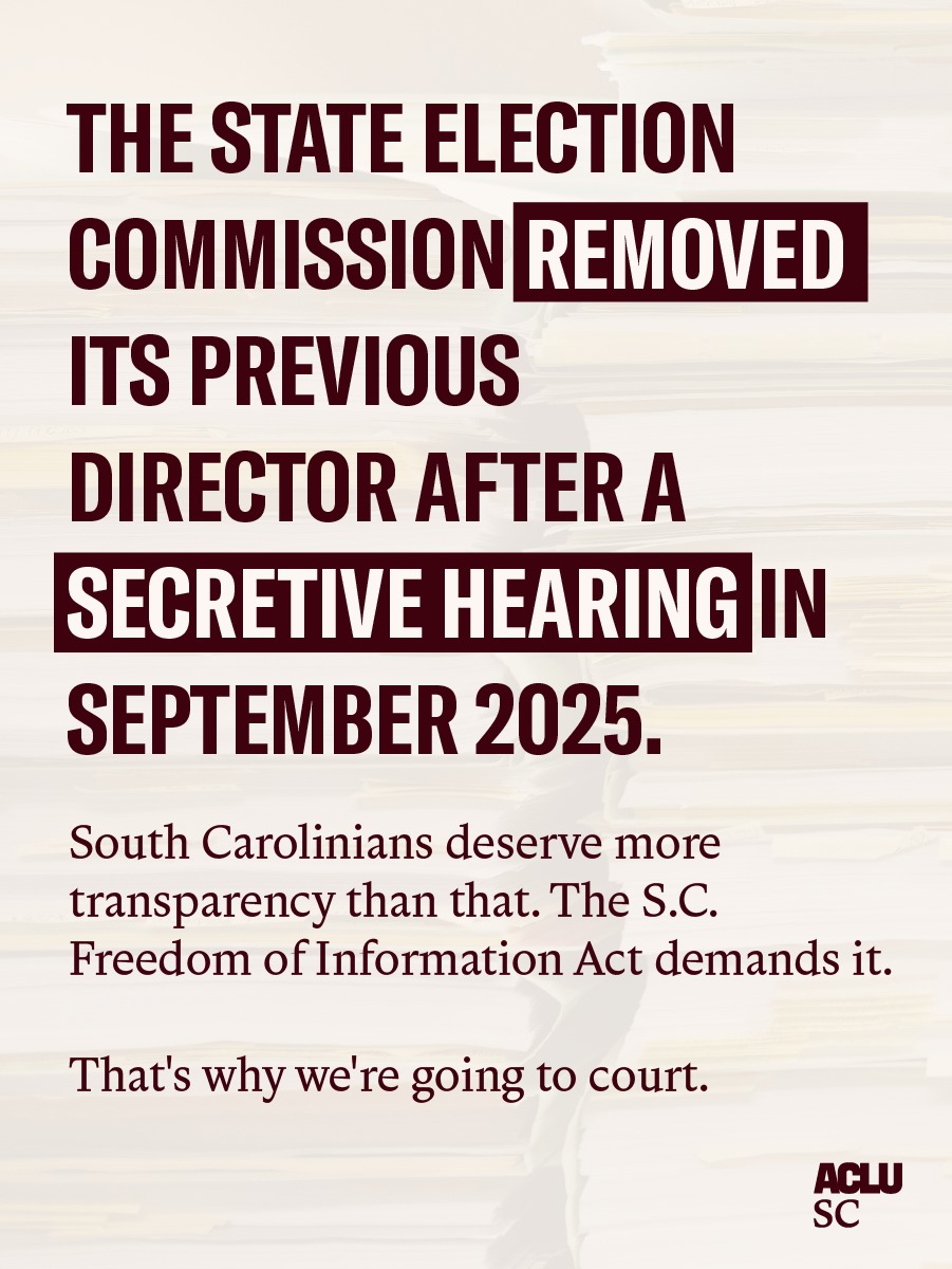 ACLU_SC's tweet photo. The State Election Commission removed its top official after a closed-door hearing. Now more than ever, it's crucial for state agencies like the SEC to make decisions in the light of day. https://t.co/07TxwrnSoh https://t.co/qKtpIz4nDN