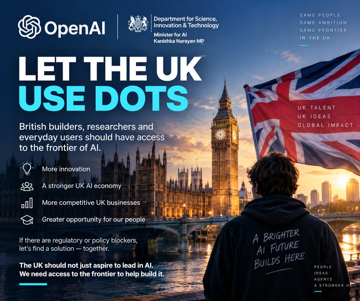 JDofLondon's tweet photo. @OpenAI @thsottiaux @KanishkaNarayan — a direct appeal from a UK AI founder and ChatGPT user:

Please find a path to bring Dots to the UK.

The UK says it wants to be a leading AI economy. British founders and builders should not have to watch major new AI capabilities arrive elsewhere while being unable to use, test and build around them at home.

This matters beyond access to one product. The frontier is moving from AI that answers questions to persistent agents that can carry work, learn what matters and operate over time. That shift will change how products and companies are built.

UK founders need to experience that frontier directly if we are expected to compete at it.

If regulation, policy or deployment requirements are preventing UK access, tell us what the blockers are and work together on a route through them.

OpenAI: please engage with the UK.

Minister: please help create the conditions that let companies such as OpenAI launch their most advanced products here.

The UK should not only aspire to lead in AI. British builders need access to the frontier so we can help build it.