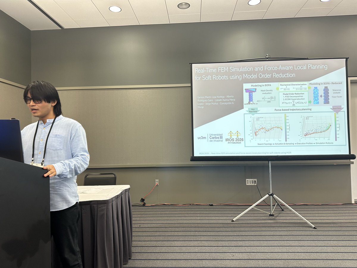 uc3mRoboticsLab's tweet photo. Our presentation “Real-Time FEM Simulation and Force-Aware Local Planning for Soft Robots using Model Order Reduction” at IROS2026 in Pittsburgh by Gerson Martin Lipa 👍 https://t.co/UKnlElRahw