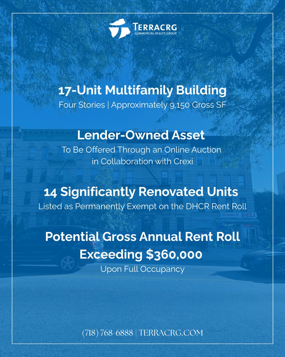 TerraCRG's tweet photo. CREXI AUCTION | BUSHWICK
Lender-owner #multifamily building for sale in the heart of #Bushwick. Please contact Thomas Cutting, Aden Verdun, Matthew Cosentino, and Maria (Mimi) D'Angelo for more information.

View auction details here: 
https://t.co/Hk5slgorlE https://t.co/2yP4MjxPPq
