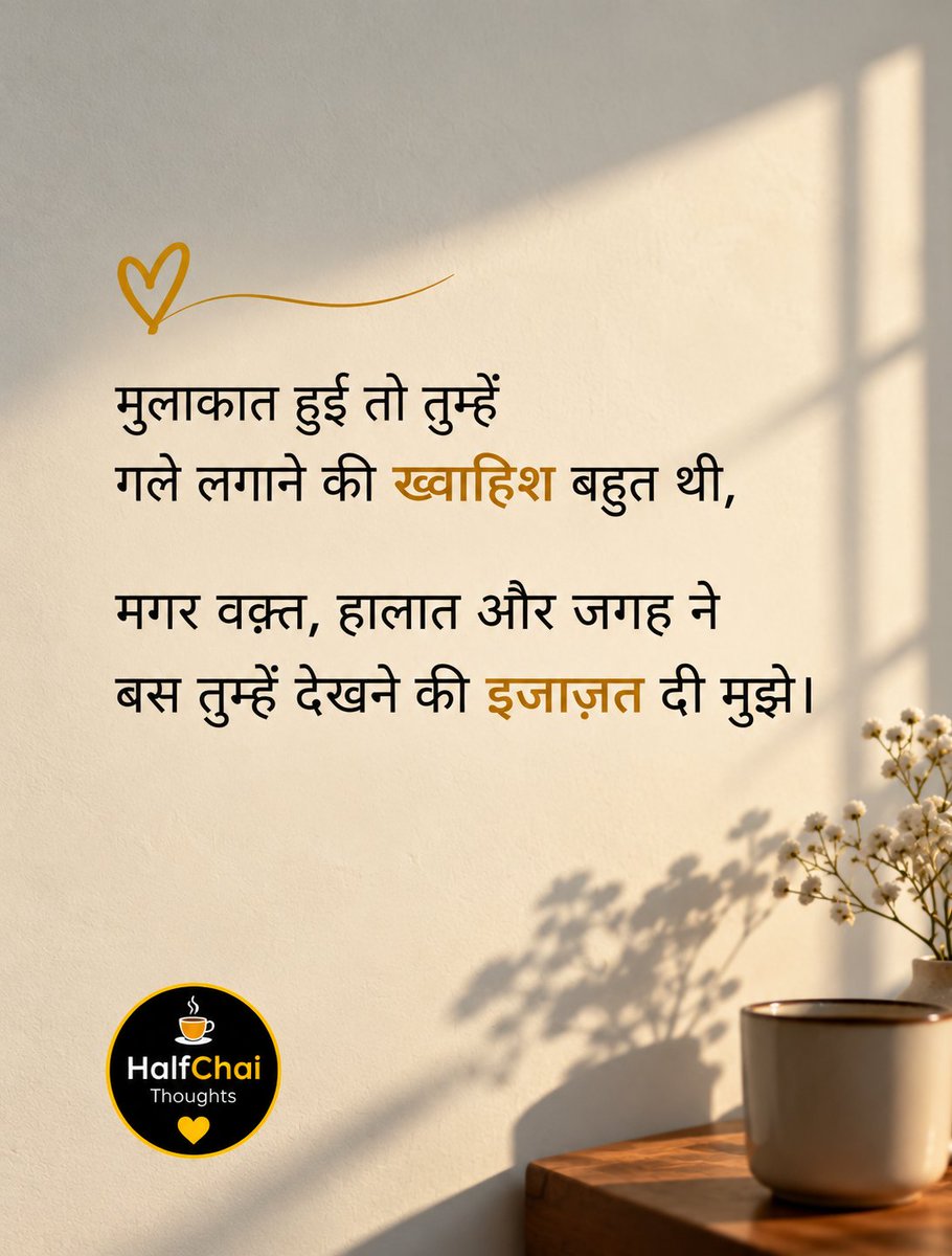 HalfChaiThought's tweet photo. कभी-कभी पास होकर भी… बस तुम्हें देखने का ही हक़ मिलता है। ❤️✨
#HalfChaiThoughts #LoveQuotes #Romantic #Ishq #Mohabbat #HindiQuotes https://t.co/1wOAMbwcrK