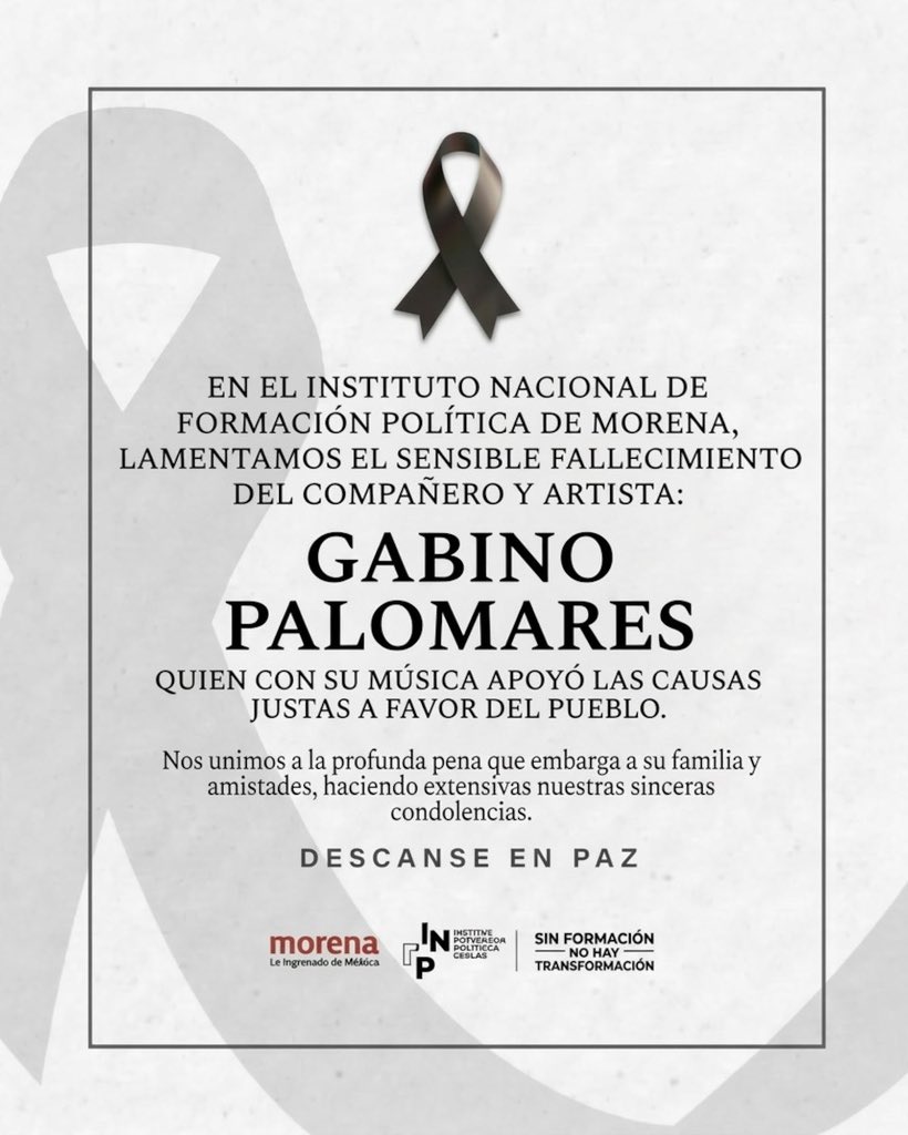 infpmorena's tweet photo. El equipo del Instituto Nacional de Formación Política de morena lamenta profundamente la pérdida  de Gabino Palomares.

Enviamos nuestro más sentido pésame a sus familiares y seres queridos.

Descanse en paz.🕊️ https://t.co/upzdyd3t0h