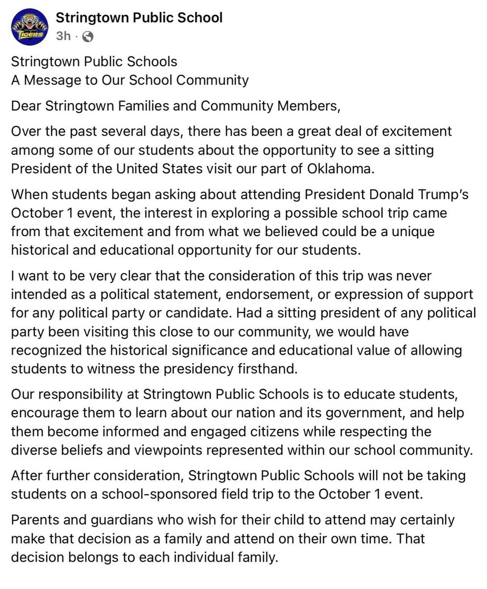 okiepatriot_76's tweet photo. Stringtown, OK Public Schools caves and cancels trip to Durant to attend Trump event. 

I’m sure some parents called and complained. 

What a shame. 

Despite your opinions on Trump this would be a once in a lifetime opportunity for any kid especially in rural Oklahoma. https://t.co/to4h4O4VMc