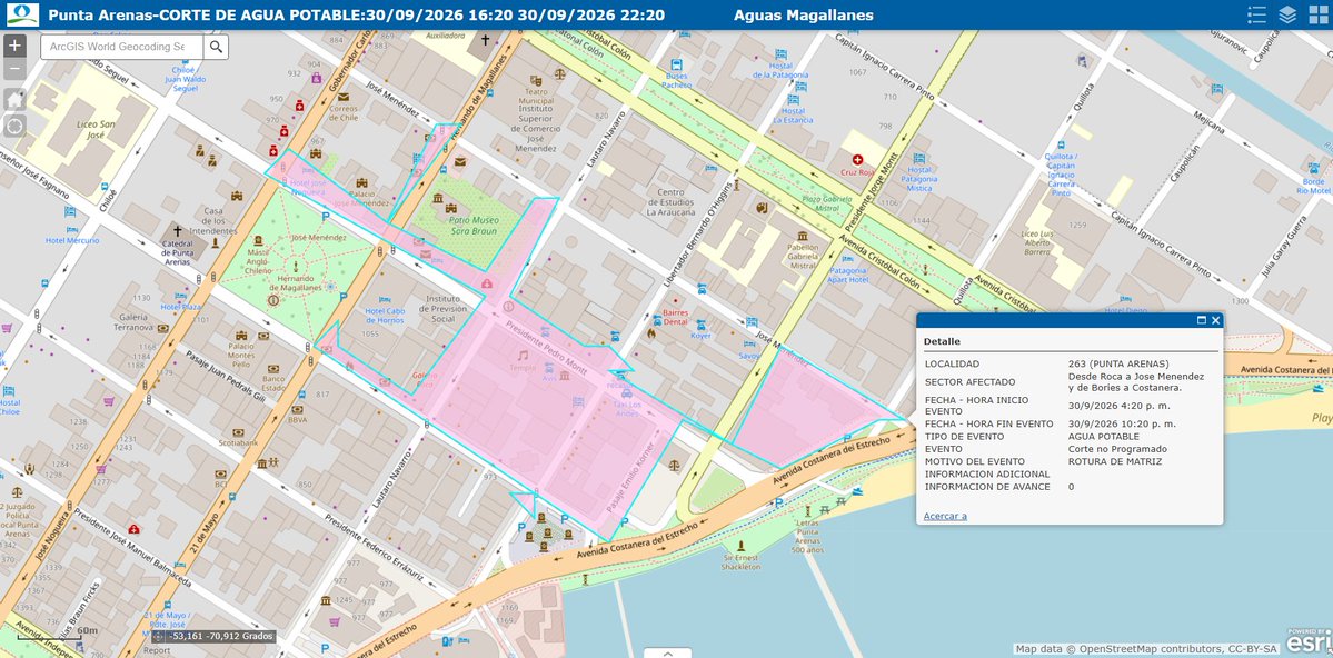 AguasMagallanes's tweet photo. #PuntaArenas, corte no programado desde las 16:20 hasta las 22:20 horas. Sector comprendido: desde Roca a José Menéndez y de Bories a Costanera. El corte se debe a rotura de matriz. https://t.co/BjiHIF7JQ6