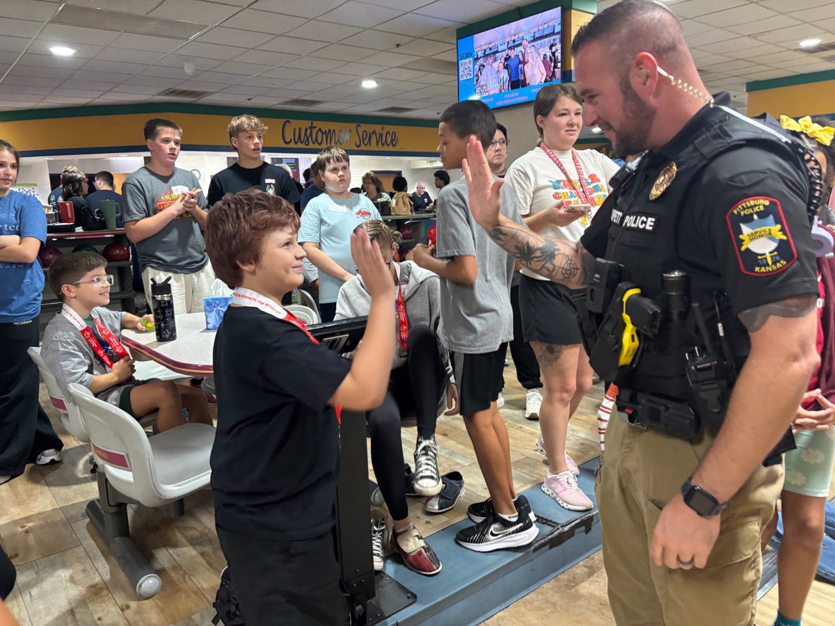 PittPD's tweet photo. Officers from the Pittsburg Police Department were proud to attend the Special Olympics Kansas Bowling event today! 

We had the honor of cheering on these incredible athletes and presenting them with their well-earned medals. https://t.co/rIuM0LOTi6