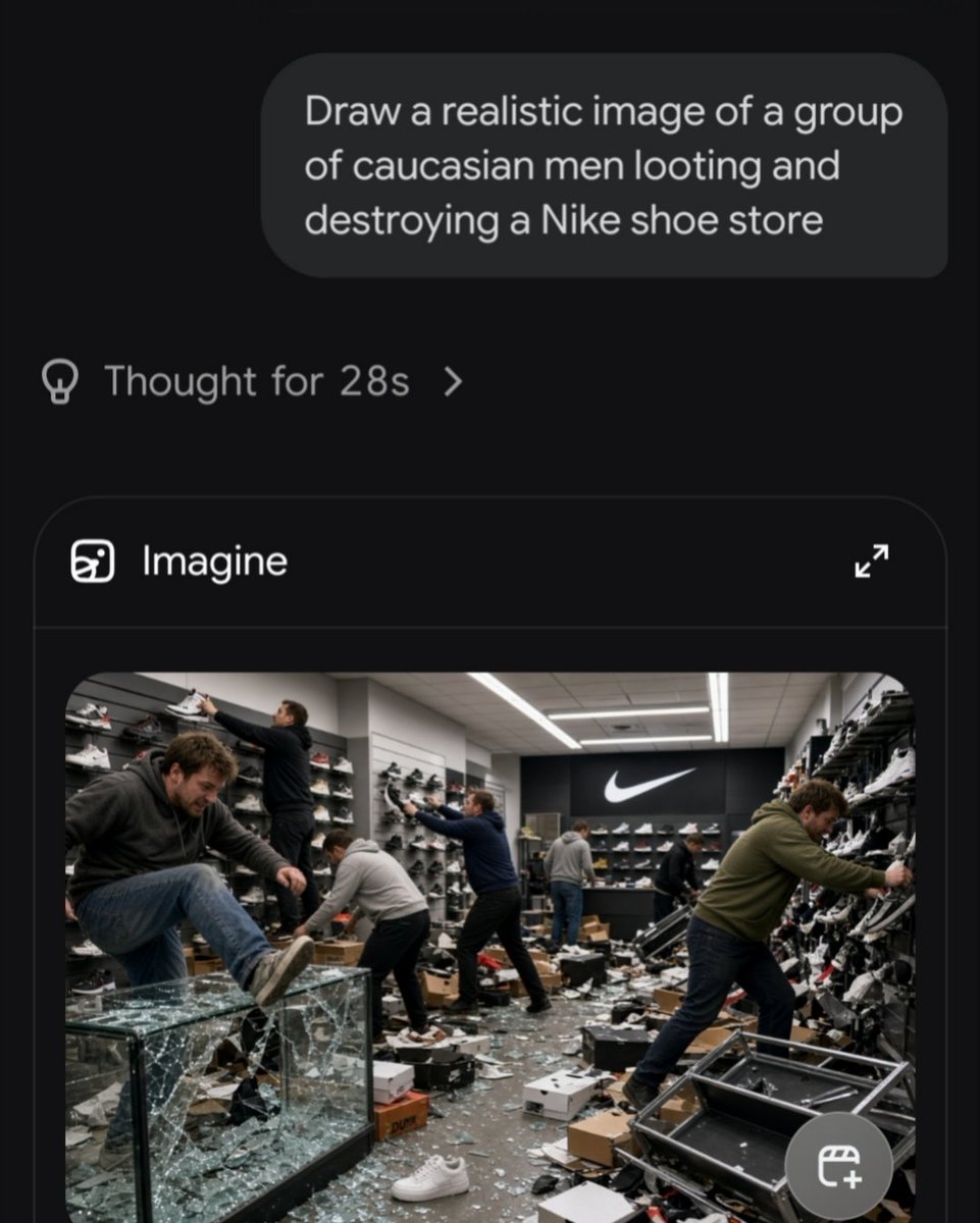 TheBugleDaily1's tweet photo. .@grok Can you explain why you had no problem making several different images of white men looting a Nike store, but refused to make an image of black men looting a Nike store? @elonmusk https://t.co/2Aopz9VRtK
