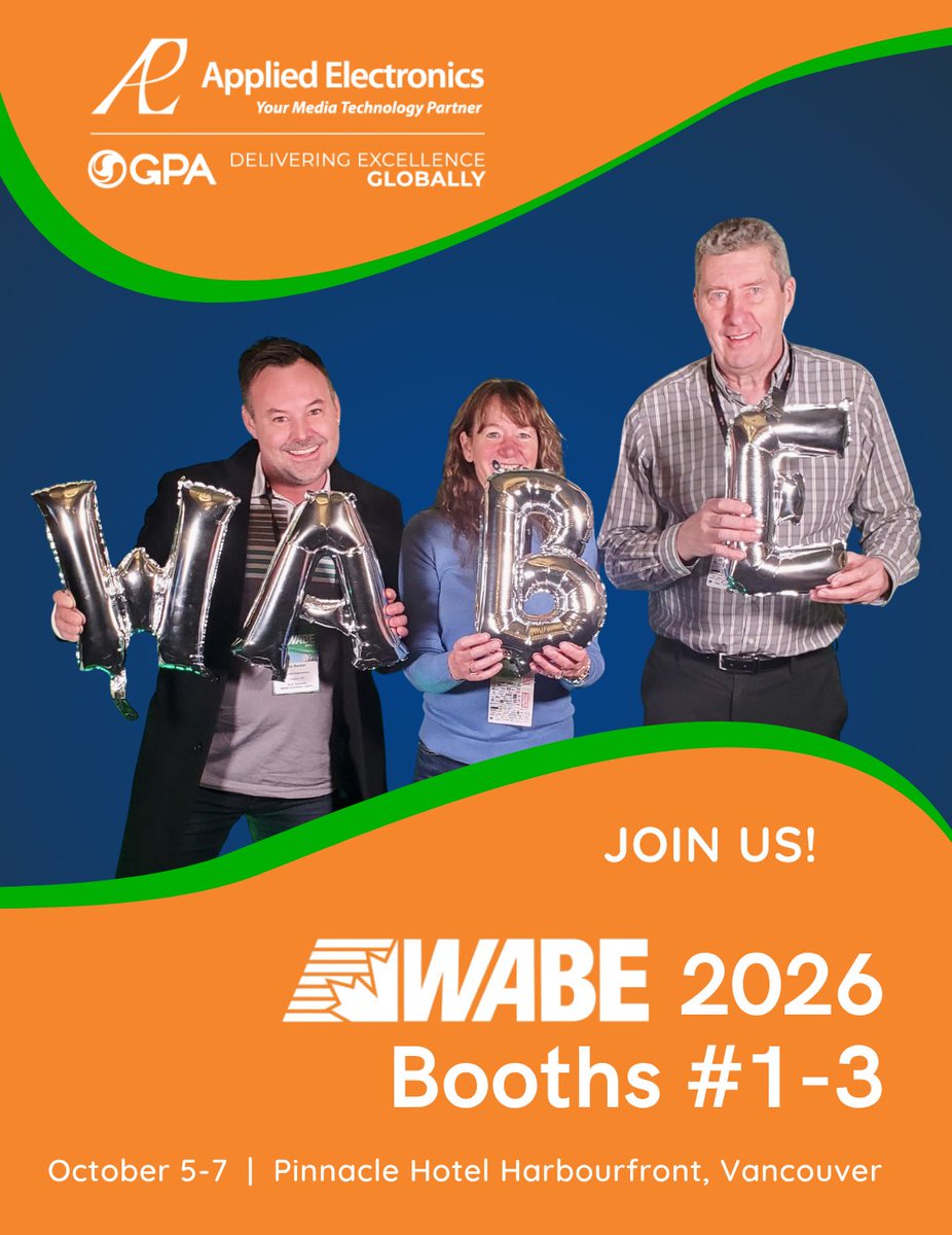 Applied_tweets's tweet photo. We're heading to WABE 2026 next week! 🎧

#WABE2026 #AppliedElectronics #AEL #Broadcast #BroadcastTechnology #AudioVisual #AVTechnology #ProfessionalAV #EVS #Calrec #Matrox #Octopus #Vancouver https://t.co/UVCQxK6r6i