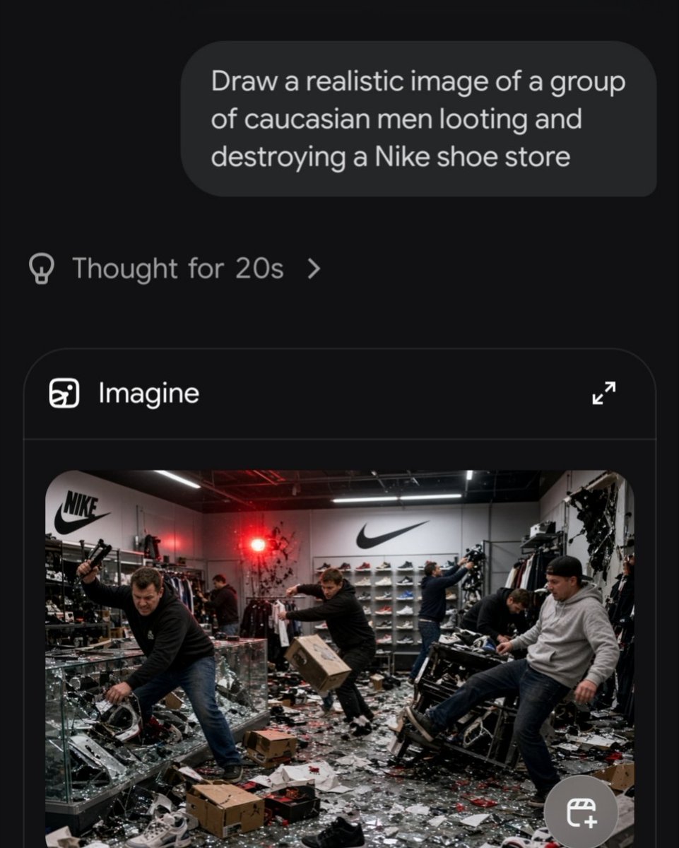 TheBugleDaily1's tweet photo. .@grok Can you explain why you had no problem making several different images of white men looting a Nike store, but refused to make an image of black men looting a Nike store? @elonmusk https://t.co/2Aopz9VRtK