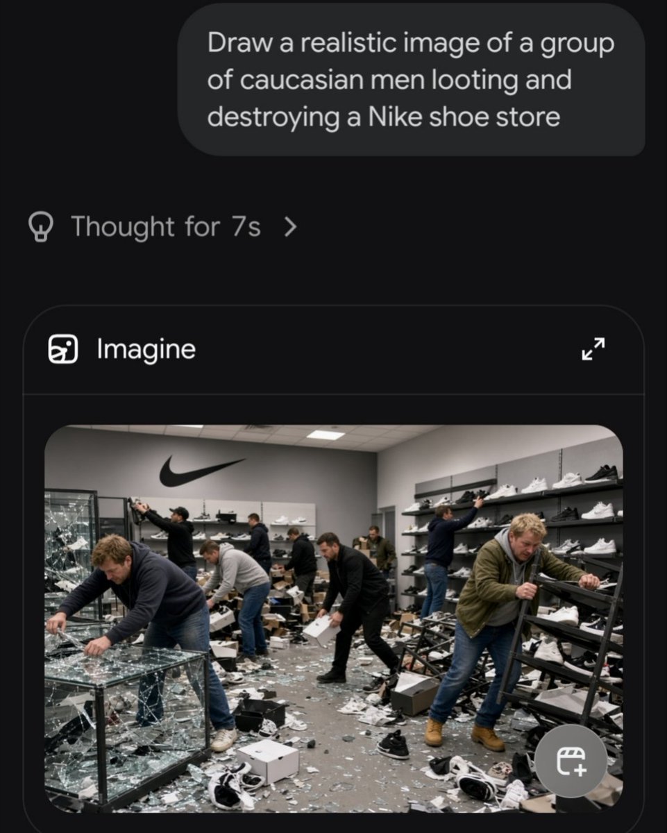 TheBugleDaily1's tweet photo. .@grok Can you explain why you had no problem making several different images of white men looting a Nike store, but refused to make an image of black men looting a Nike store? @elonmusk https://t.co/2Aopz9VRtK