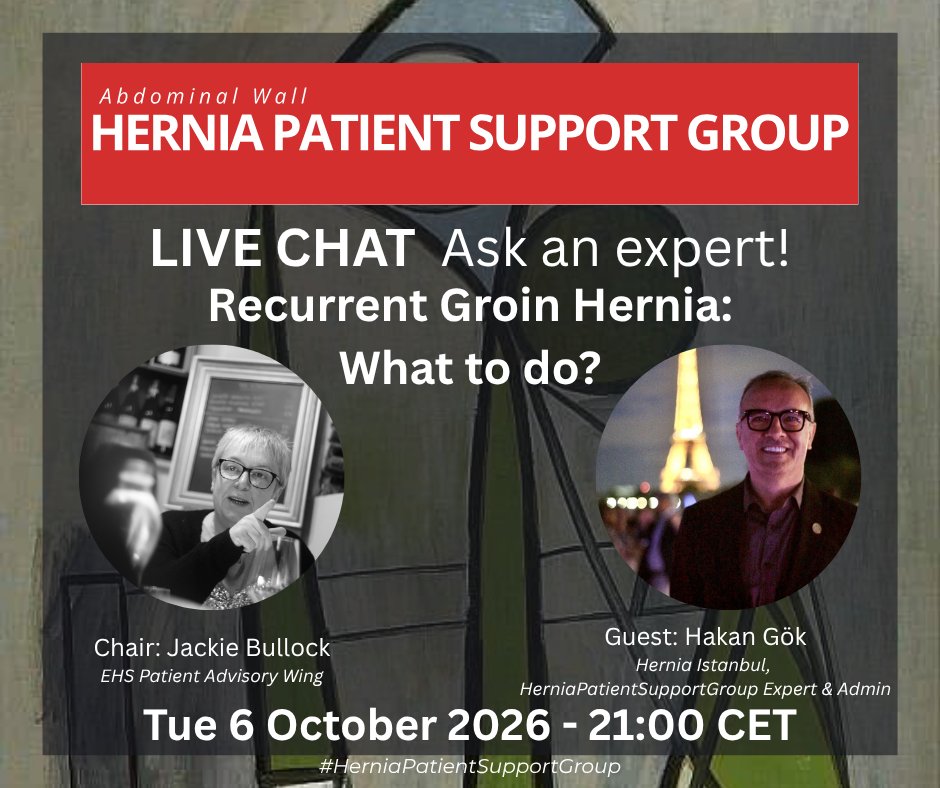 sfsgrp2's tweet photo. Patient webinar, Tuesday 6th October 8pm UK time, recurring groin hernia. Register today to ask our expert @hgok
your questions
https://t.co/V64mNfFgi4 https://t.co/6JMHAvdwTd