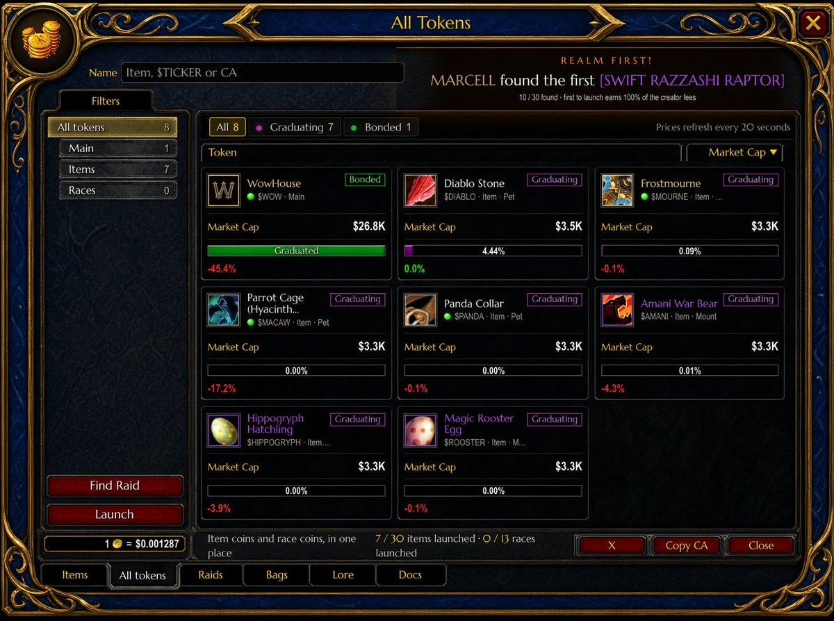 AuctionHouseSol's tweet photo. 10 items, including Frostmourne, Diablo Stone, Amani War Bear have been launched so far. 

The WOW eco system has just began. 

Players are finding Auction House items, minting their copies as NFTs, and burning them to launch tokens.

Find another copy after launch? Burn it to join its creator-fee split.