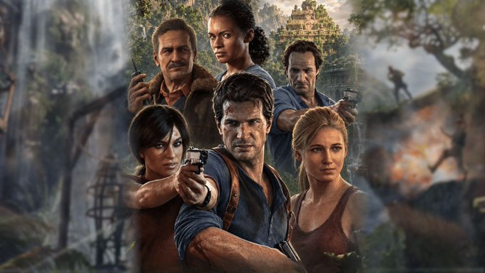 Promotional artwork for the video game Uncharted featuring characters Nathan Drake, Chloe Frazer, Elena Fisher, Sam Drake, and Nadine Ross posed against a jungle temple backdrop.