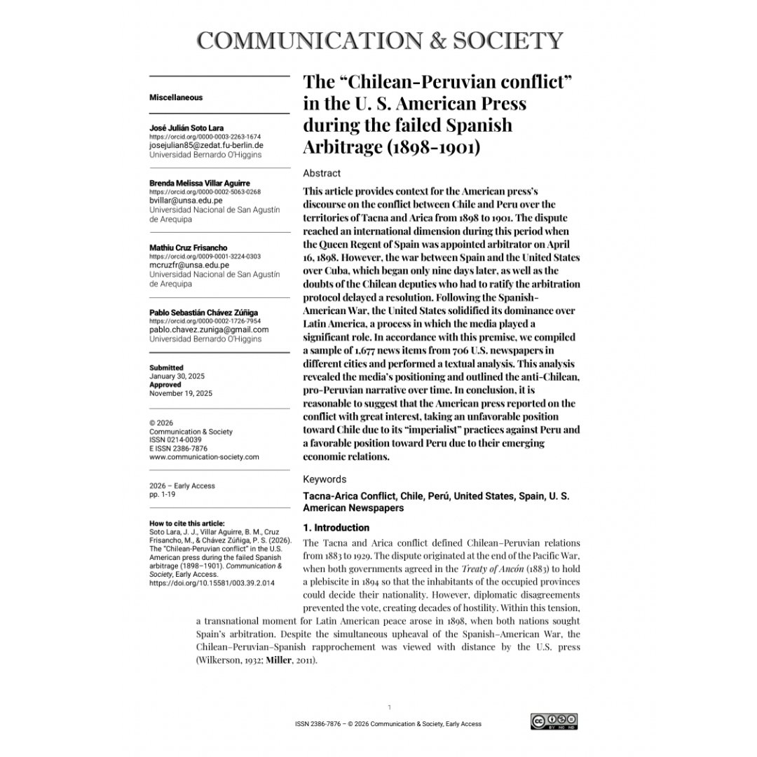 JournalCommSoc's tweet photo. 📄”The “Chilean-Peruvian conflict” in the U.S. American Press during the failed Spanish Arbitrage (1898-1901)” by José Julián Soto-Lara, Brenda-Melissa Villar-Aguirre, Mathiu Cruz-Frisancho and Pablo-Sebastián Chávez-Zúñiga

🔍https://t.co/ZpdSQmZdx1

#OpenAccess #Communication https://t.co/OWW4crlHRO